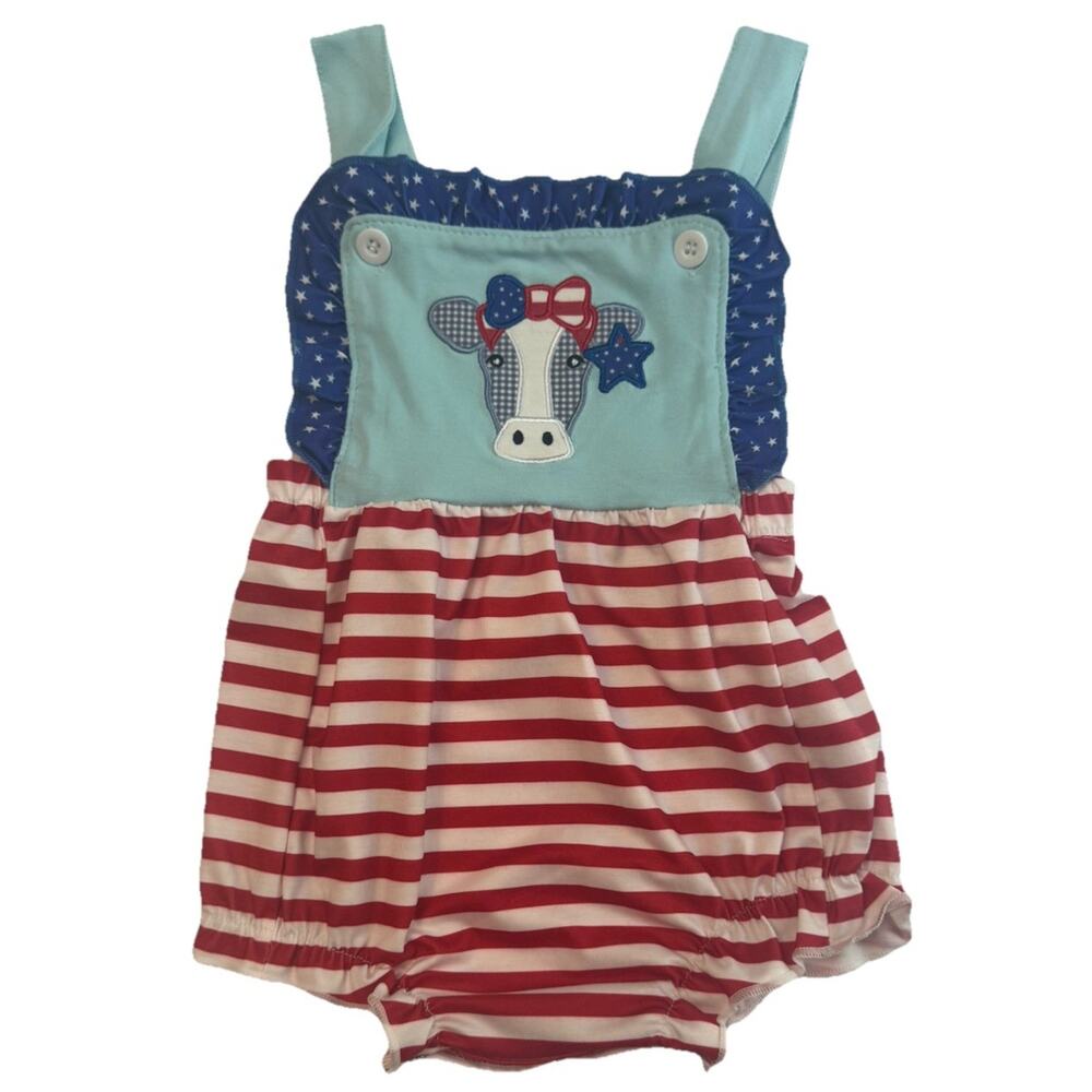 Abby & Evie Patriotic Cow Bubble Romper Baby Girls 24M Red White Blue